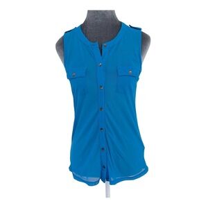 The Limited Sleeveless Sheer Blue Button Up Shirt Top Size Small Utility Pockets